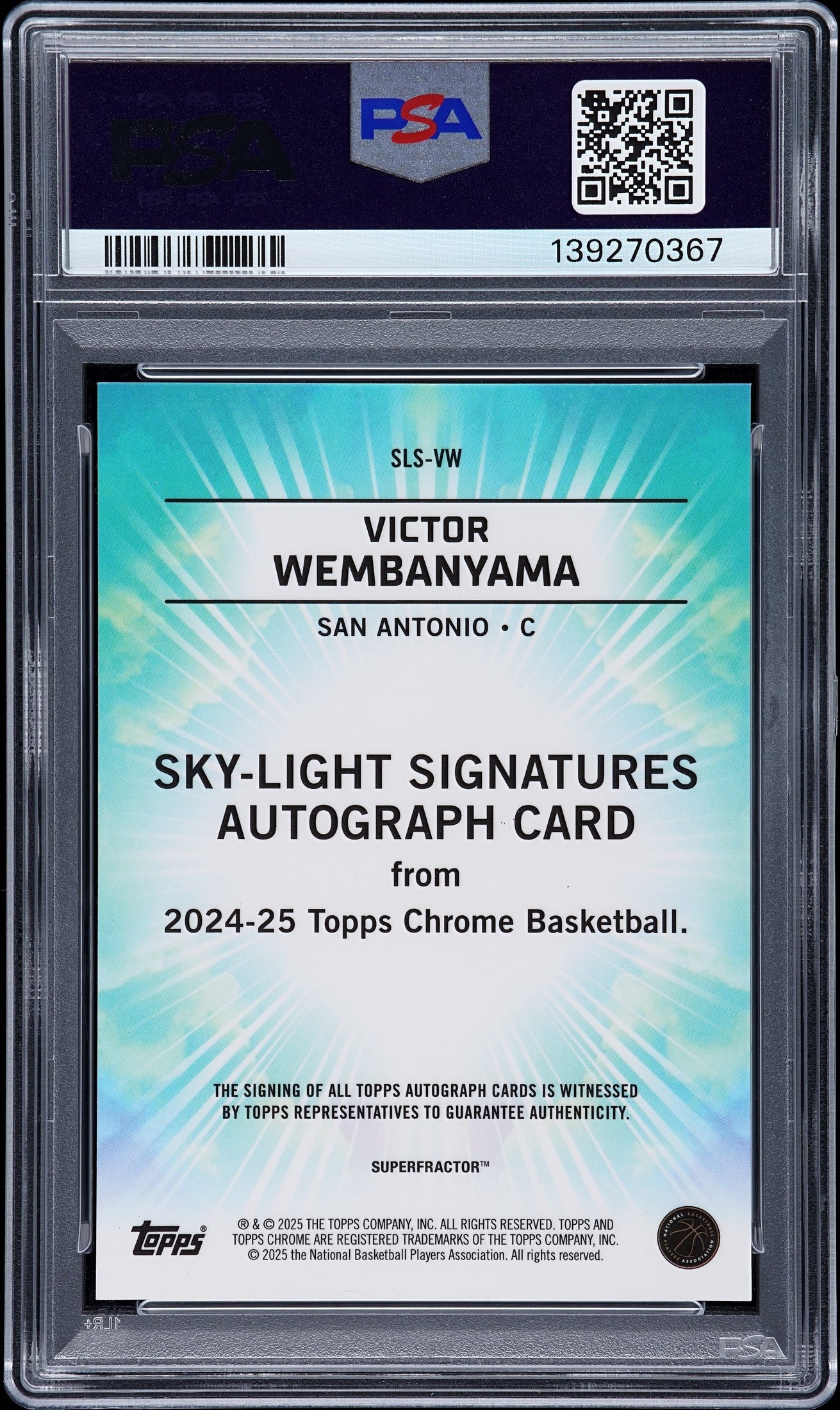 rear card 2024 TOPPS CHROME SKY-LIGHT SIGNATURES VICTOR WEMBANYAMA SKY-LIGHT SIG-SUPER 1/1 PSA NM 7 