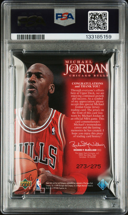 rear card 1999 UPPER DECK EMPLOYEE GAME JERSEY MICHAEL JORDAN EMPLOYEE GAME JERSEY PSA EX-MT 6 