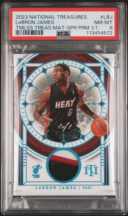 front card 2023 PANINI NATIONAL TREASURES TIMELESS TREASURES MATERIALS LeBRON JAMES TMLSS TREAS MAT-SPR PRM 1/1 PSA NM-MT 8 