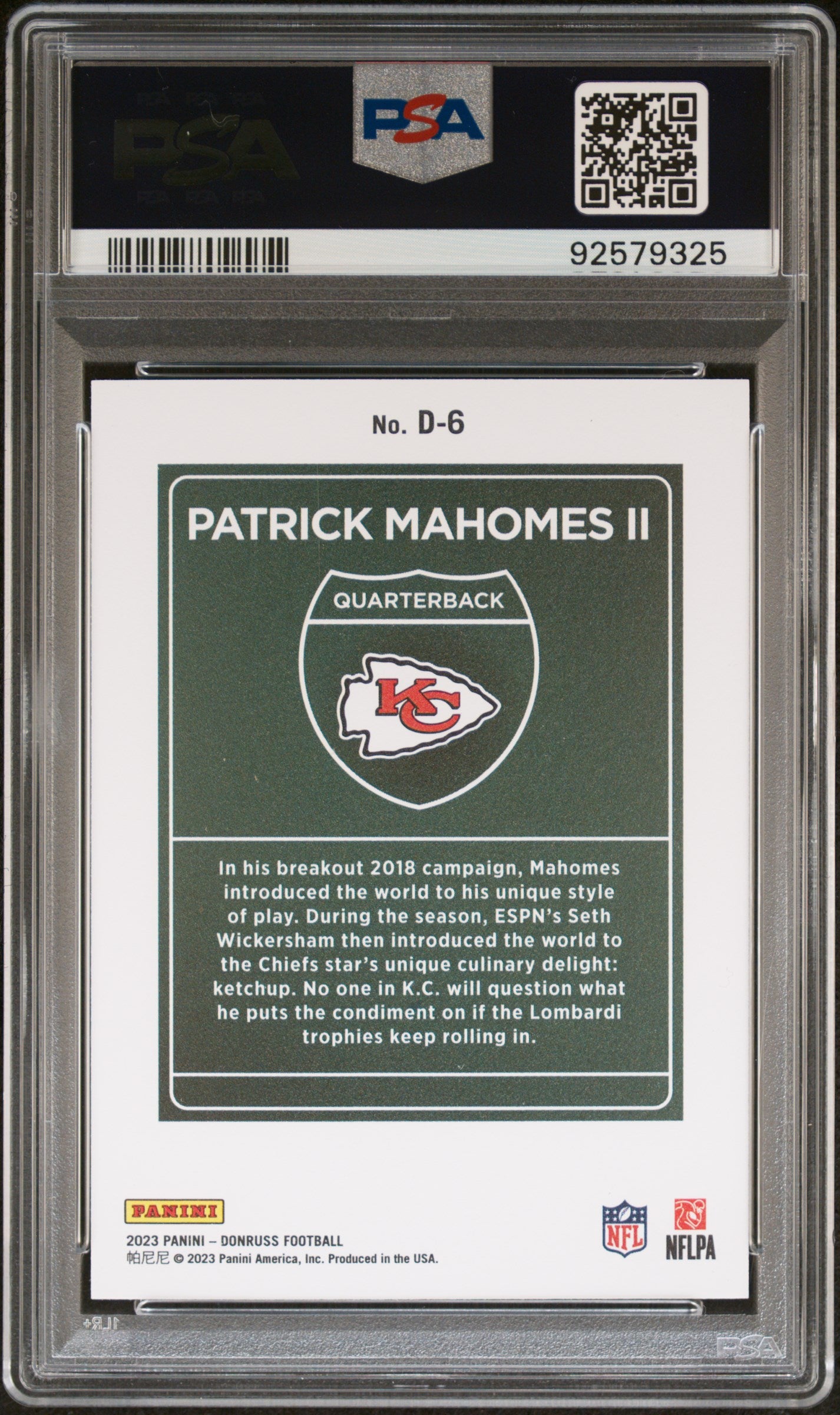 rear card 2023 PANINI DONRUSS DOWNTOWN! PATRICK MAHOMES II  PSA GEM MT 10 