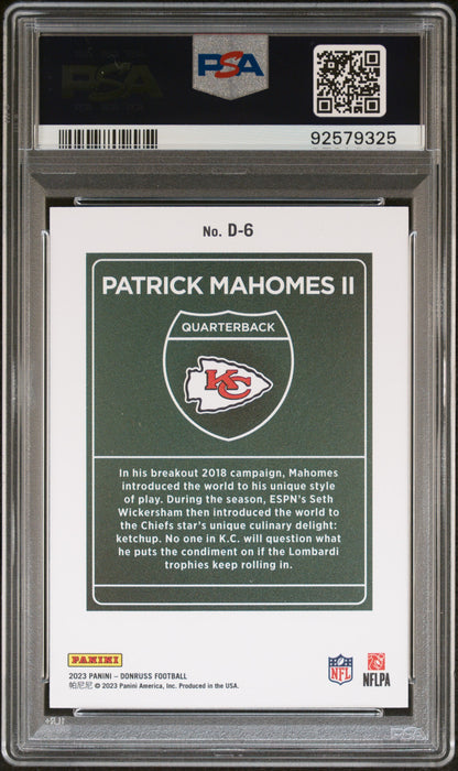 rear card 2023 PANINI DONRUSS DOWNTOWN! PATRICK MAHOMES II  PSA GEM MT 10 