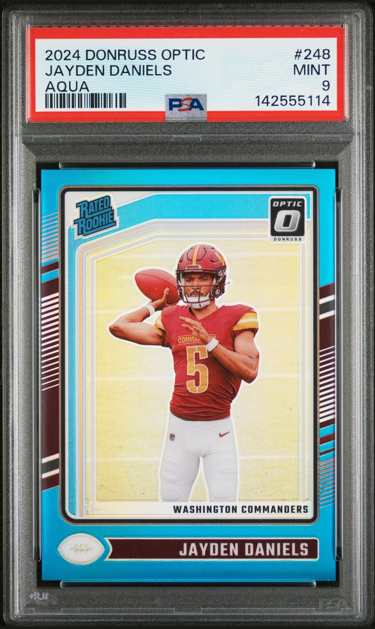 front card 2024 PANINI DONRUSS OPTIC JAYDEN DANIELS AQUA PSA MINT 9 