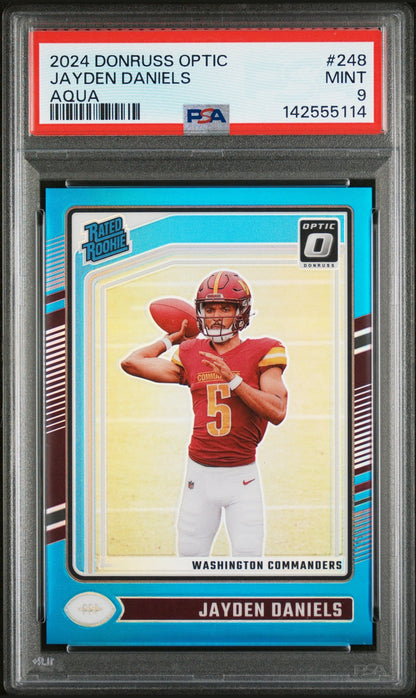 front card 2024 PANINI DONRUSS OPTIC JAYDEN DANIELS AQUA PSA MINT 9 