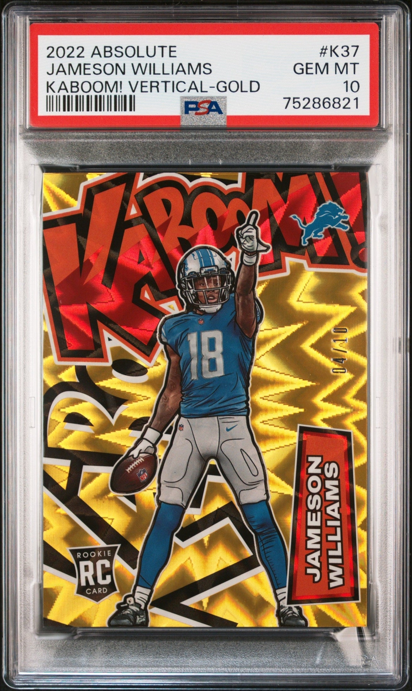 front card 2022 PANINI ABSOLUTE KABOOM! VERTICAL JAMESON WILLIAMS KABOOM! VERTICAL-GOLD PSA GEM MT 10 