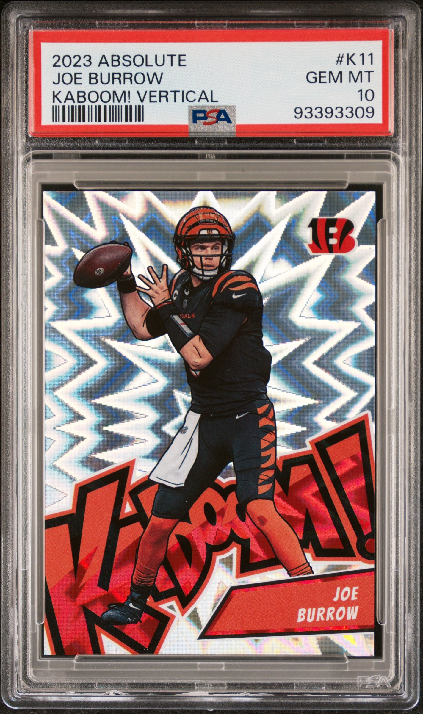 front card 2023 PANINI ABSOLUTE KABOOM! VERTICAL JOE BURROW  PSA GEM MT 10 