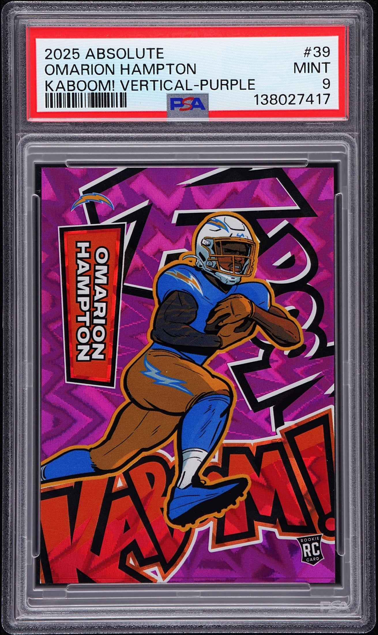 front card 2025 PANINI ABSOLUTE KABOOM! VERTICAL OMARION HAMPTON KABOOM! VERTICAL-PURPLE PSA MINT 9 