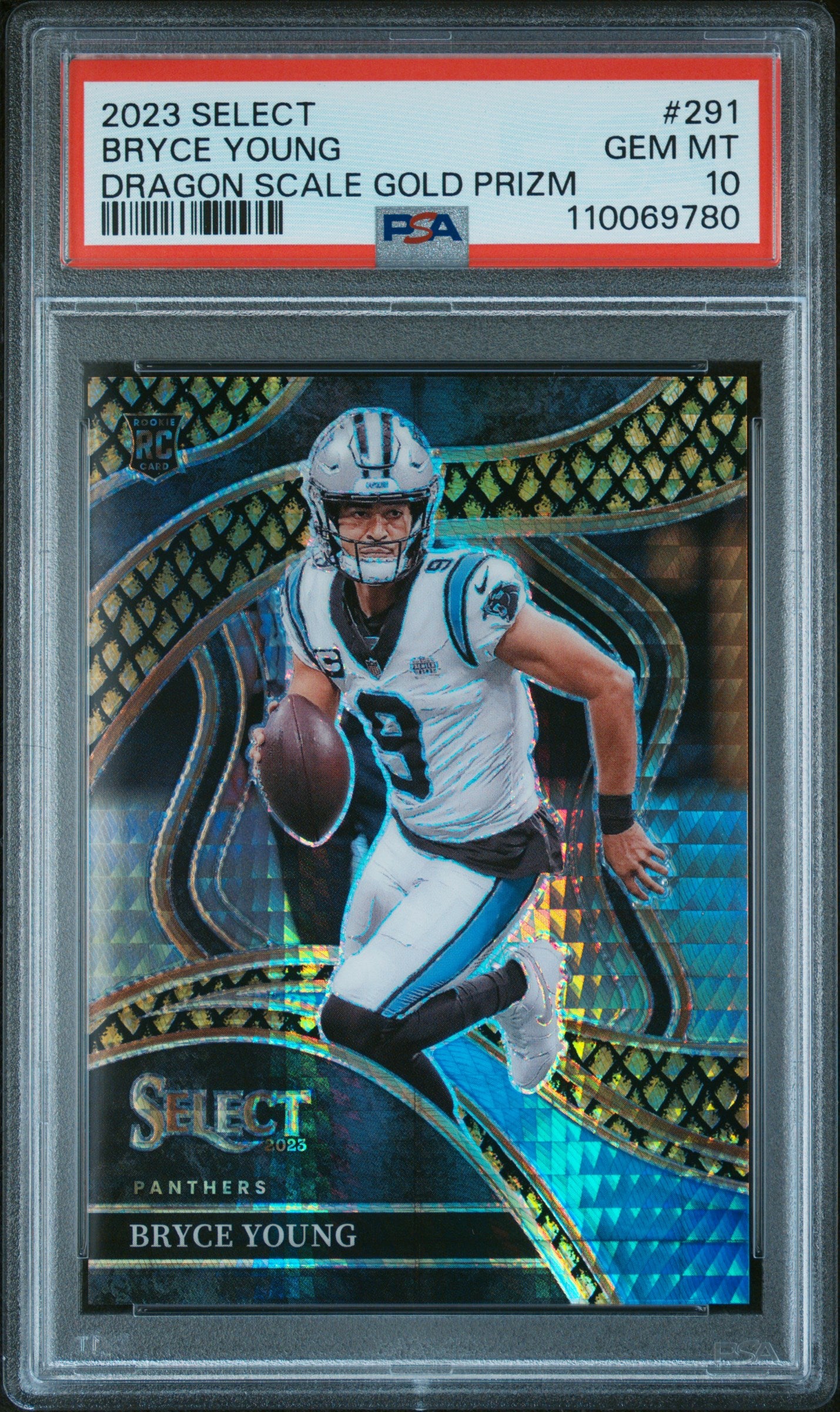 front card 2023 PANINI SELECT BRYCE YOUNG DRAGON SCALE GOLD PRIZM PSA GEM MT 10 