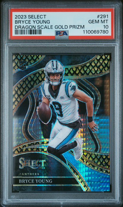front card 2023 PANINI SELECT BRYCE YOUNG DRAGON SCALE GOLD PRIZM PSA GEM MT 10 