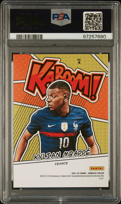 rear card 2021 PANINI DONRUSS ROAD TO QATAR KABOOM! KYLIAN MBAPPE KABOOM! PSA MINT 9 