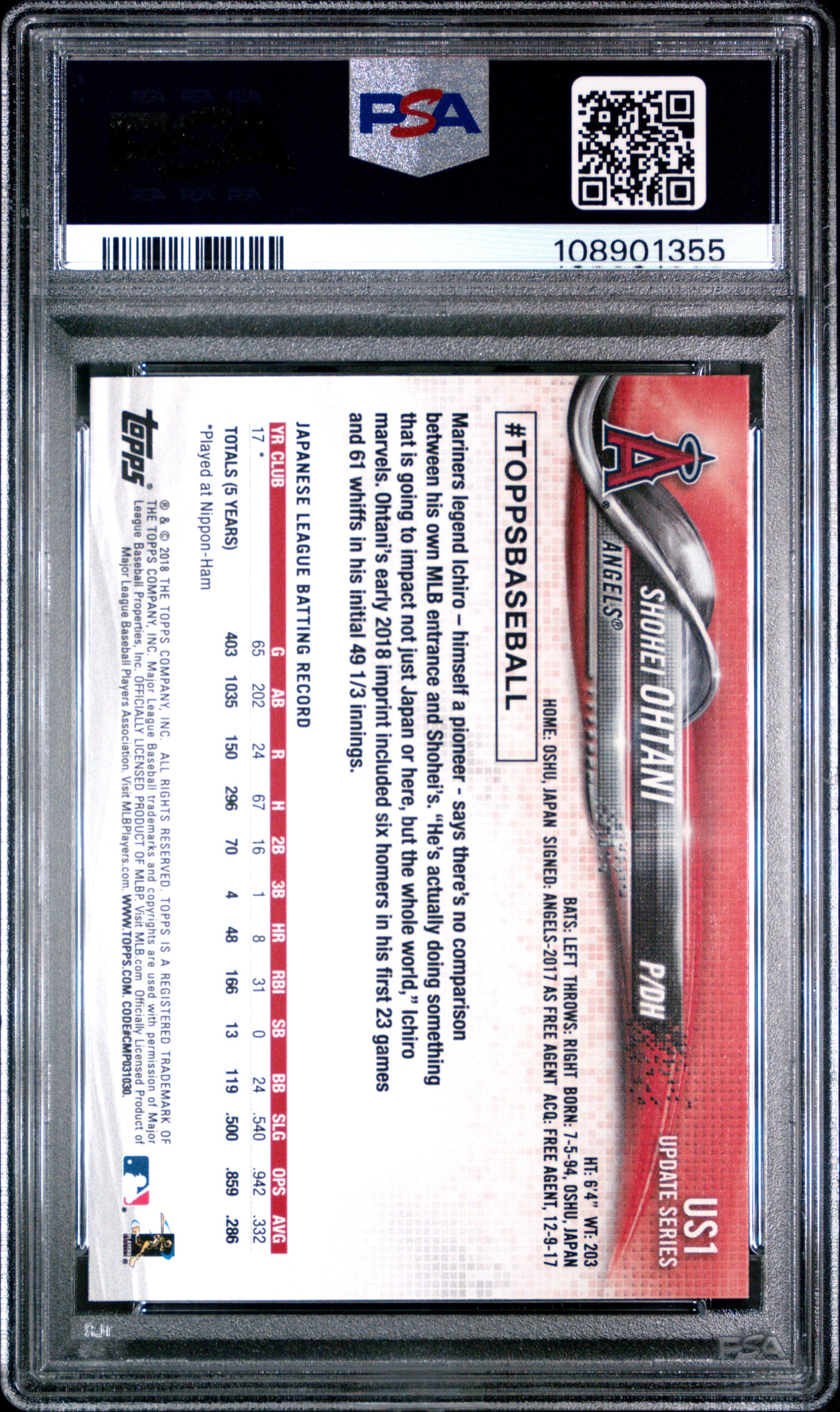 rear card 2018 TOPPS UPDATE SHOHEI OHTANI WARM-UP SHIRT PSA GEM MT 10 