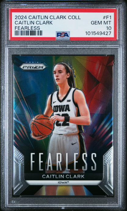 front card 2024 PANINI CAITLIN CLARK COLLECTION FEARLESS CAITLIN CLARK  PSA GEM MT 10 