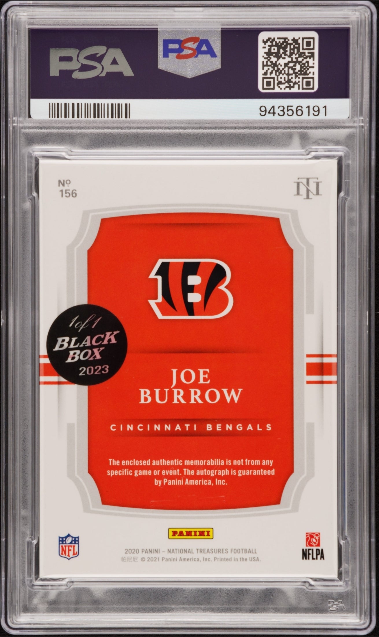 rear card 2023 PANINI BLACK BOX JOE BURROW 20 N/T-PT AU-HDN TRS 1/1 PSA MINT 9 