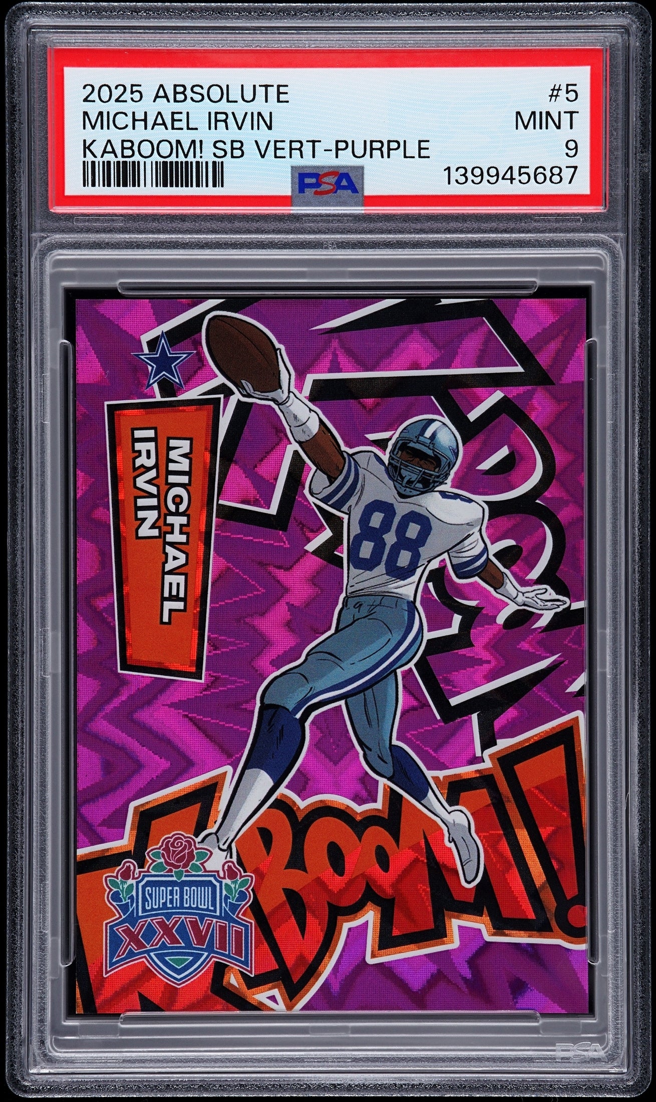 front card 2025 PANINI ABSOLUTE KABOOM! SUPER BOWL VERTICAL MICHAEL IRVIN KABOOM! SB VERT-PURPLE PSA MINT 9 