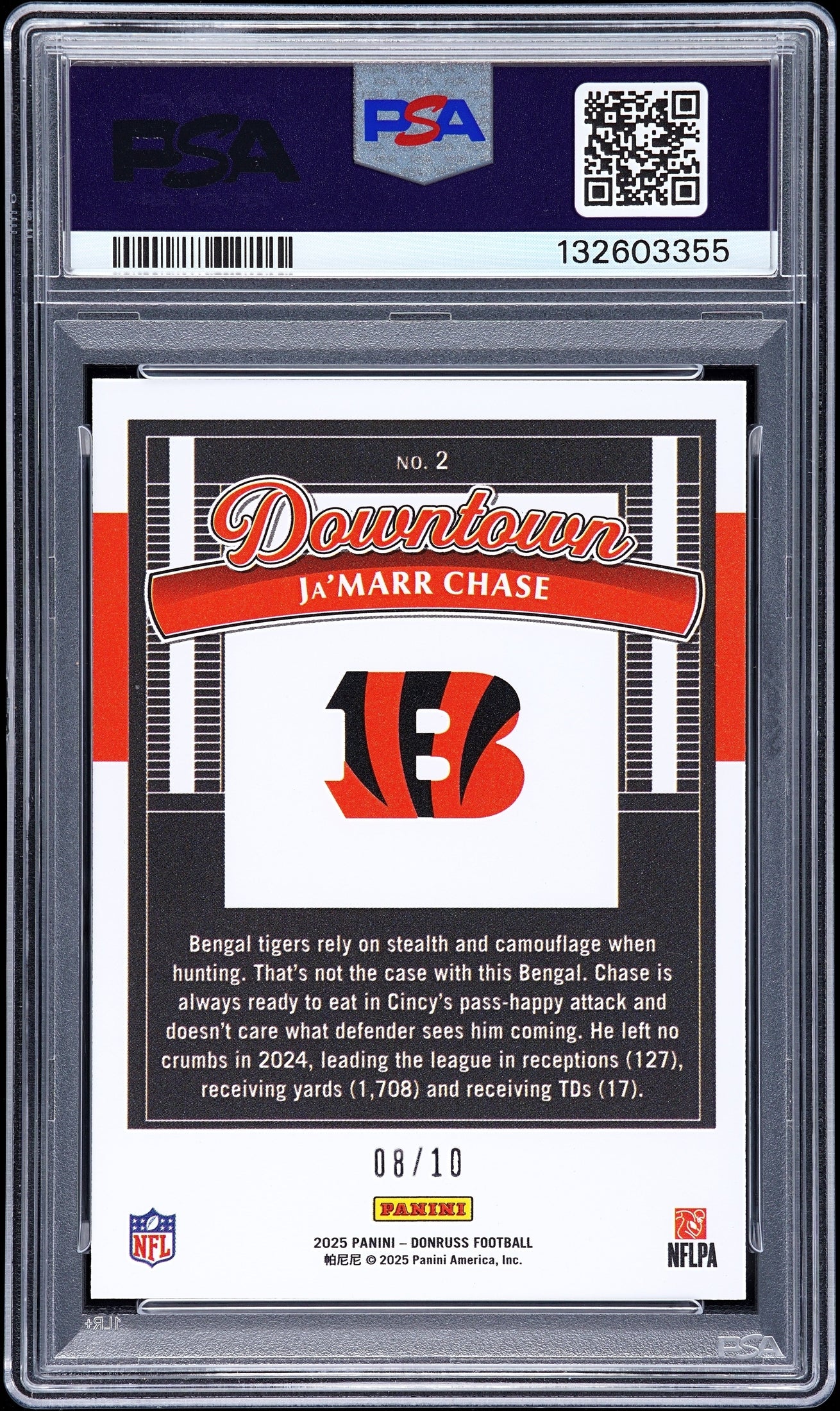 rear card 2025 PANINI DONRUSS DOWNTOWN! HORIZONTAL Ja'MARR CHASE DOWNTOWN! HORIZONTAL-GOLD PSA GEM MT 10 