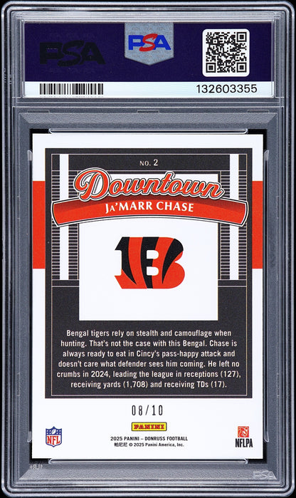 rear card 2025 PANINI DONRUSS DOWNTOWN! HORIZONTAL Ja'MARR CHASE DOWNTOWN! HORIZONTAL-GOLD PSA GEM MT 10 