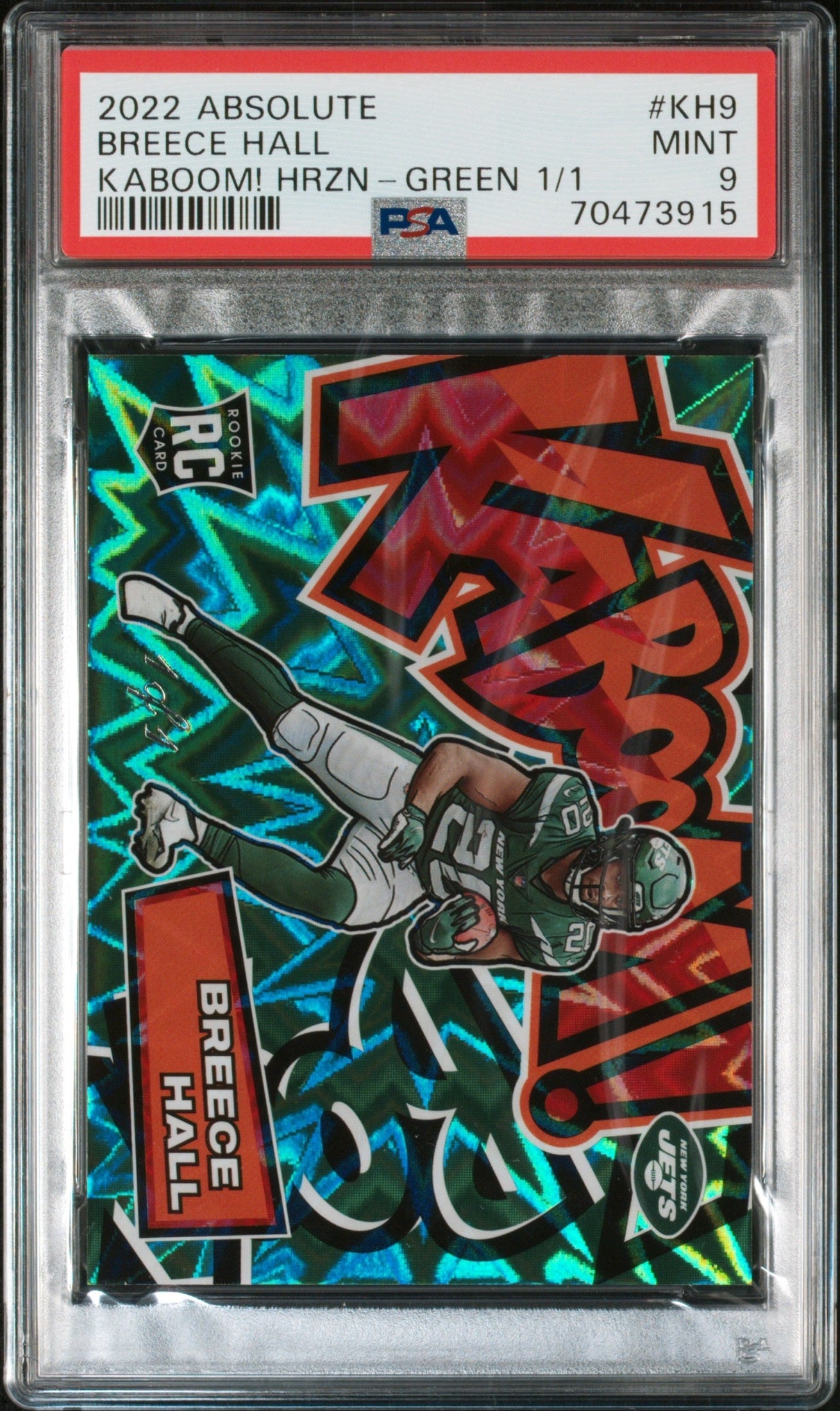 front card 2022 PANINI ABSOLUTE KABOOM! HORIZONTAL BREECE HALL KABOOM! HRZN-GREEN 1/1 PSA MINT 9 